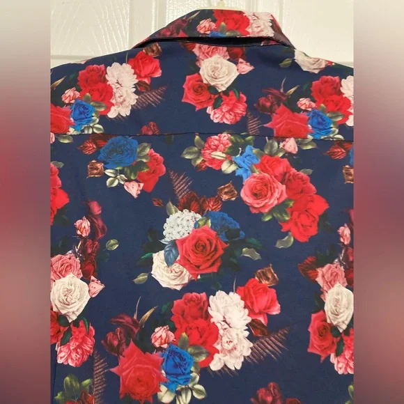 Tallia Navy Floral Button Down Long Sleeve Shirt - Picture 6 of 7